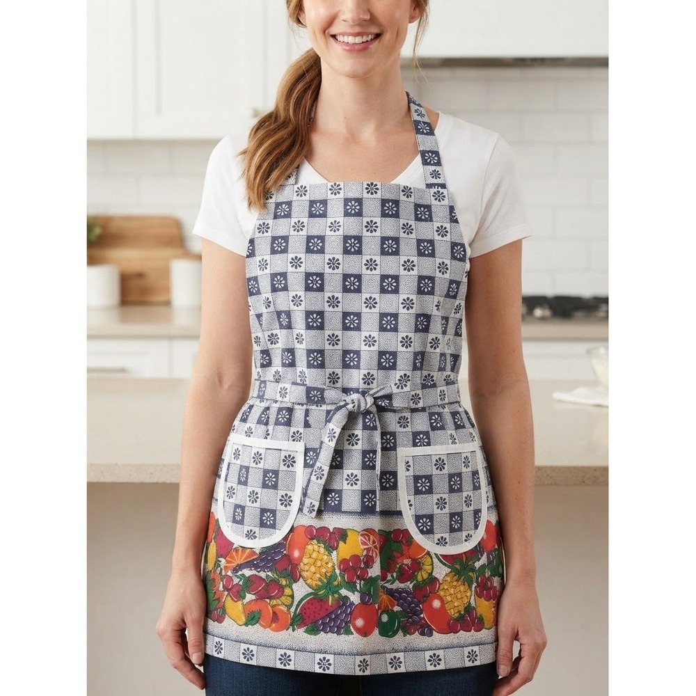 Vintage Style Blue Floral Tile Bib Apron with Fruit Border and Pockets